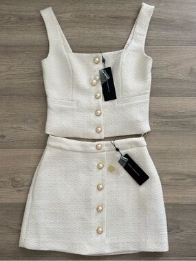 French Connection Cream Two-Piece Tweed Crop Top and Skirt Set